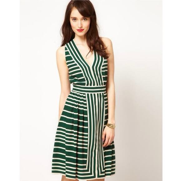 Whistles Size 2 Border Stripe Dress Silk Twist Back Fit & Flare V Neck - Picture 1 of 7